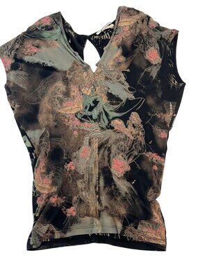 ANM Black Distressed Graphic Tee Angel Cherub Y2K Tattoo Fairy Grunge - SMALL